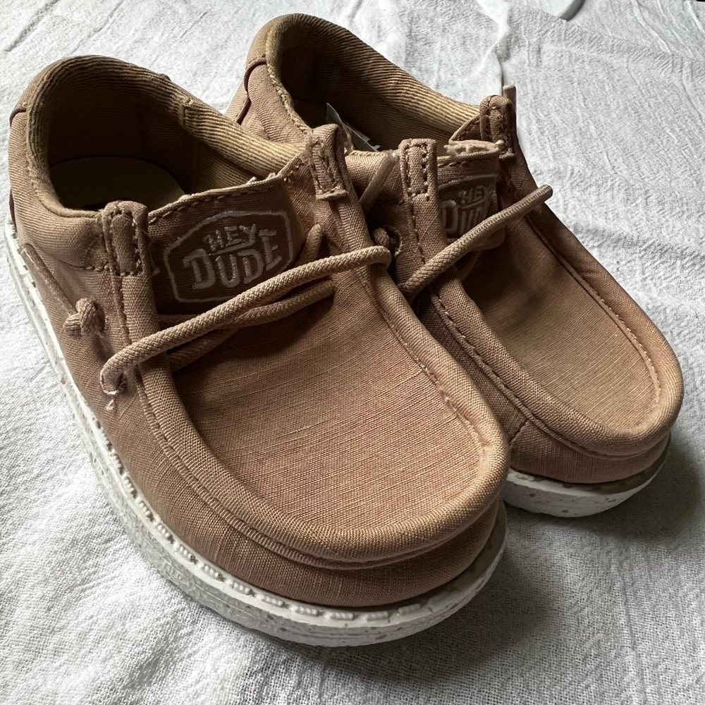 Hey Dude Tan Canvas Slip-On Shoes with White Speckled Sole